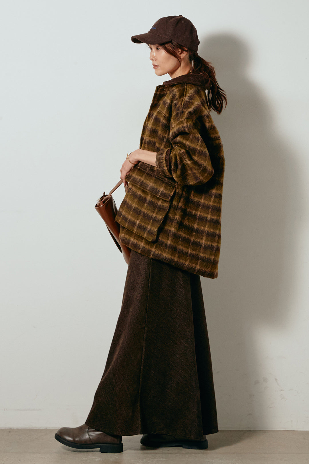 [SET]チェックシャギーミドルカバーオール+スウェードライクロングスカート(2set)