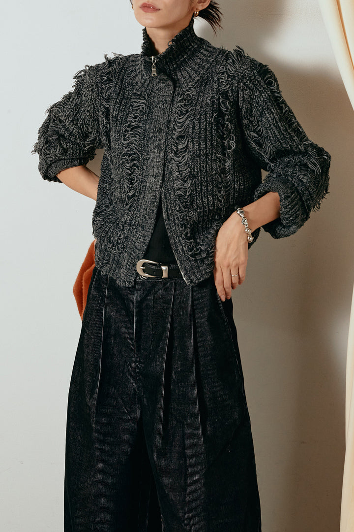 [SET]ハイネックフリンジジップニットトップス+フロントタック入りコーデュロイパンツ(2set)