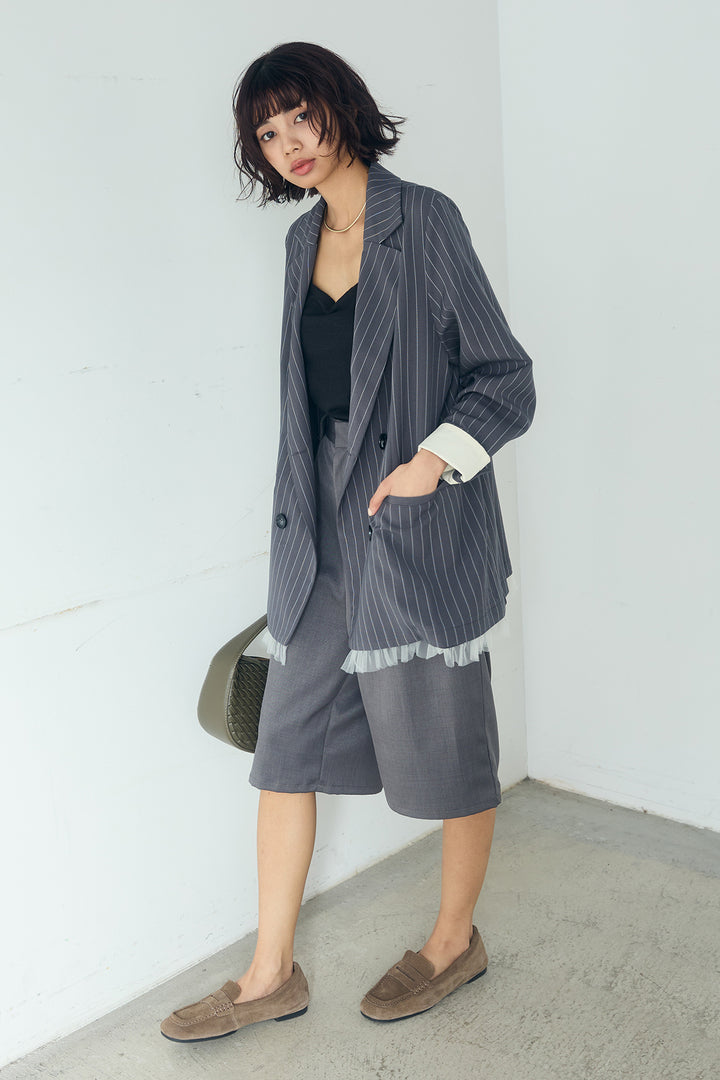 [SET]裾フリルダブルジャケット+ツイルタックハーフパンツ(2set)