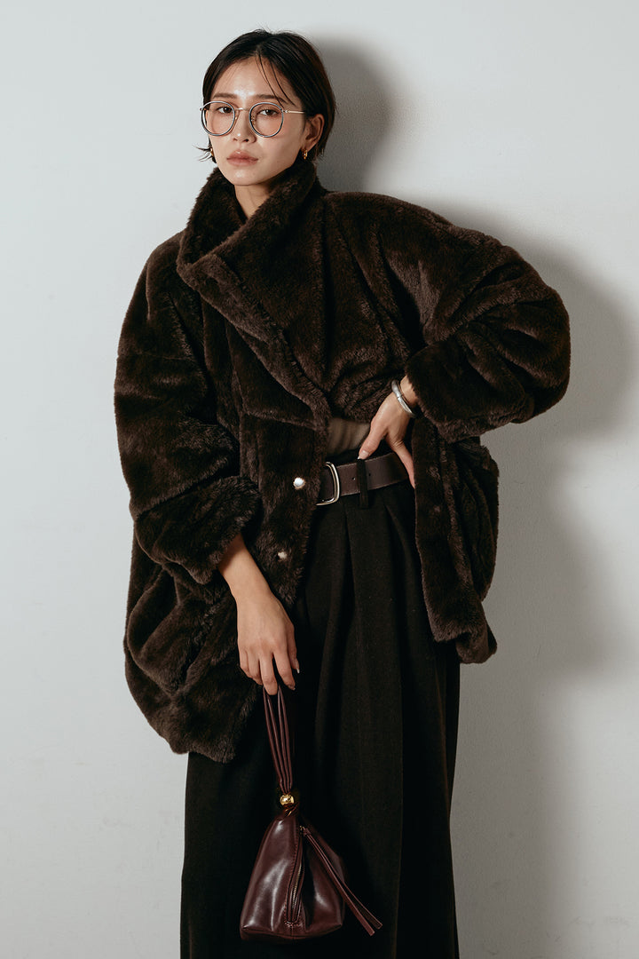 [SET]スタンドネックファーコート+フェイクレザー太ベルト付きタックワイドパンツ(2set)