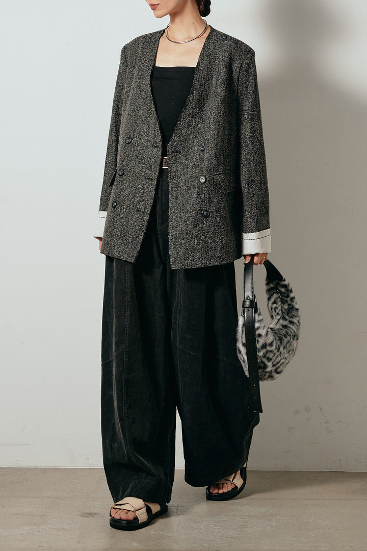 [SET]ノーカラーダブルボタンツイードジャケット+タック入りコーデュロイワイドパンツ(2set)