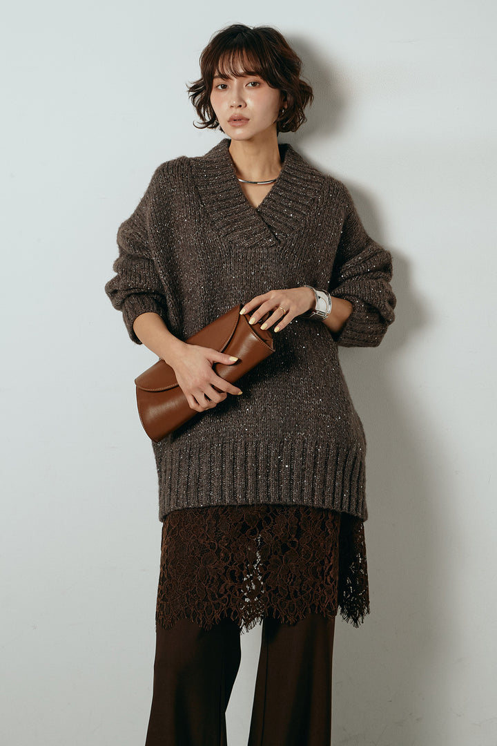 [SET]Vネックラメニットトップス+レース刺繍レイヤードフレアパンツ(2set)