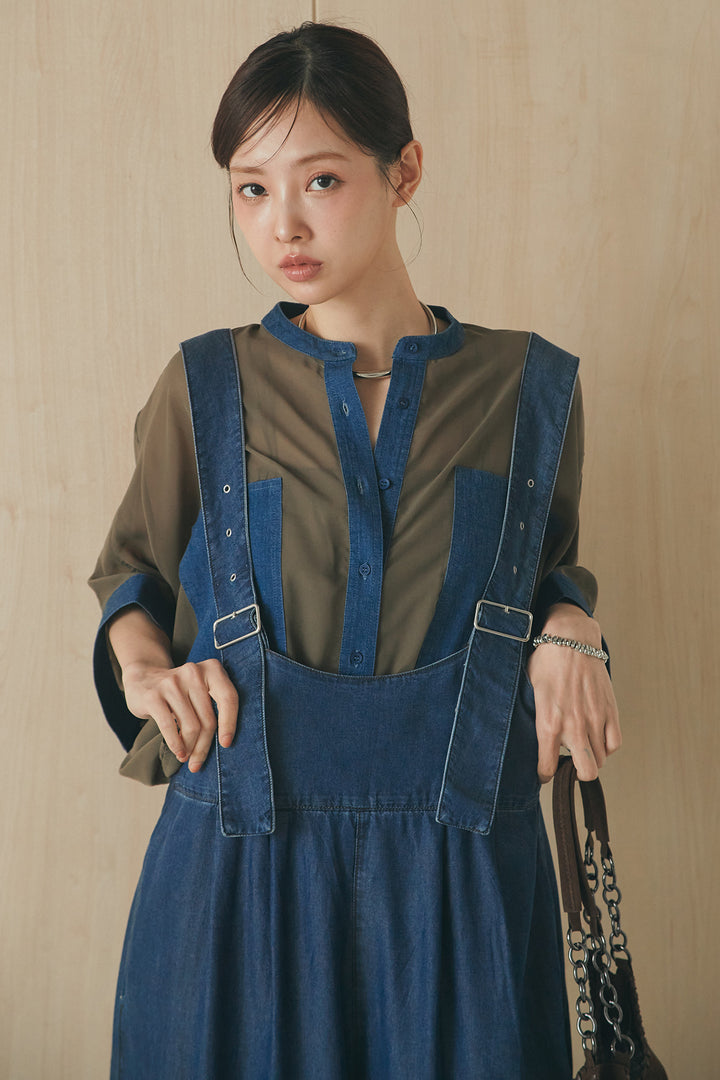 [SET]デニムライクビッグツーポケシアーシャツ+前後2WAYテンセルデニムサロペット(2set)