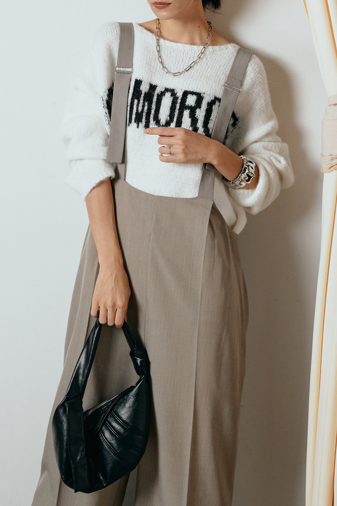 [SET]フロントロゴデザインニットトップス+ワイドツイルサロペット(2set)