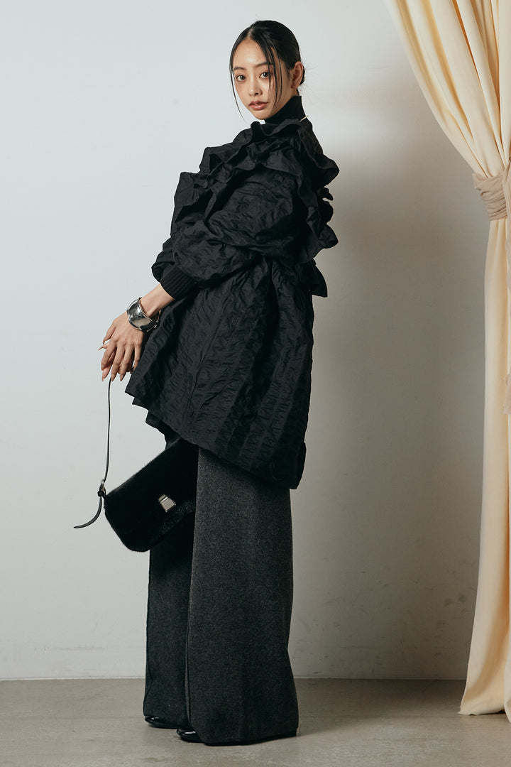 [SET]Vネックフリルカラーブラウス+リブニットシームレスタートルプルオーバー+センターラインニットパンツ(3set)