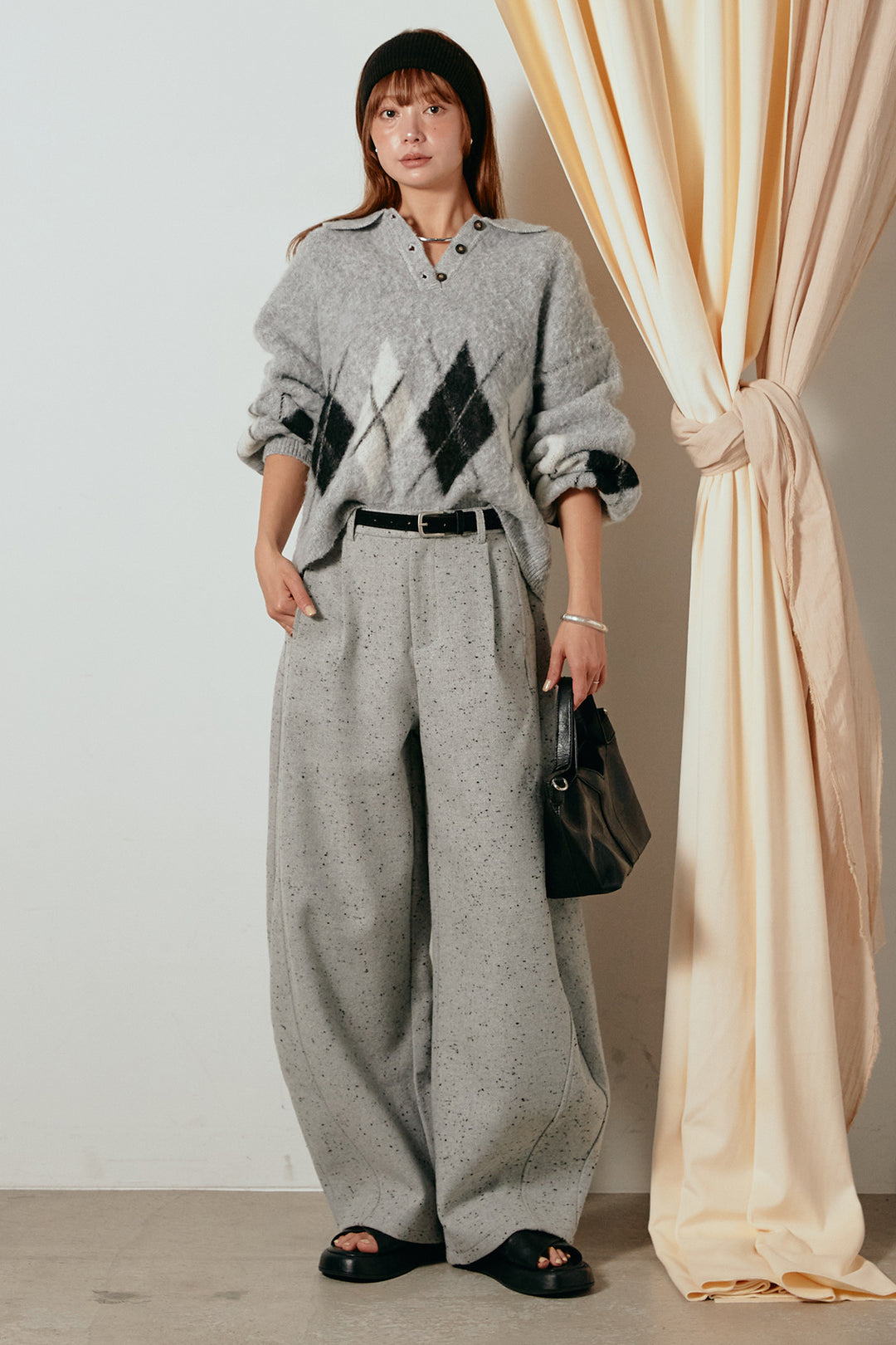 [SET]アーガイル柄ポロニットトップス+ベルト付きネップツイードカーブパンツ(2set)
