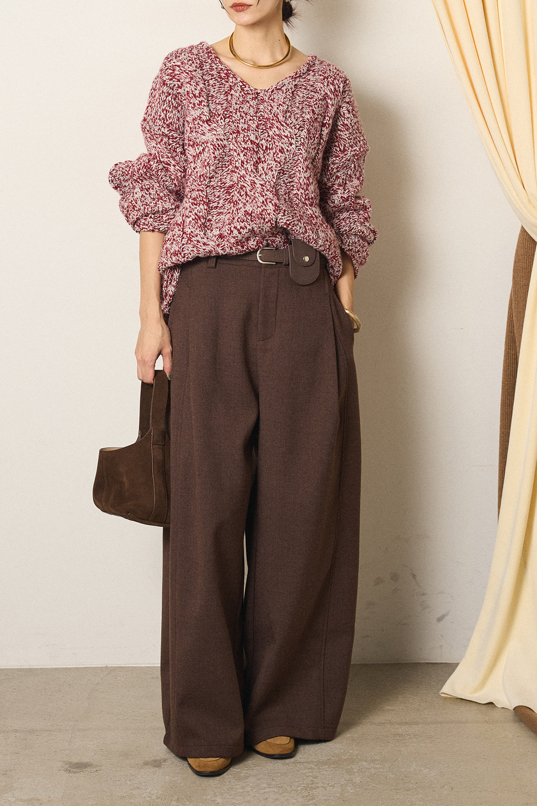 [SET]Vネックミックス編みニットトップス+ポーチベルト付きカーブパンツ(2set)