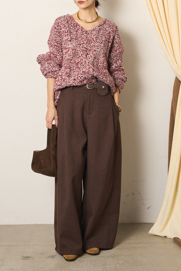 [SET]Vネックミックス編みニットトップス+ポーチベルト付きカーブパンツ(2set)