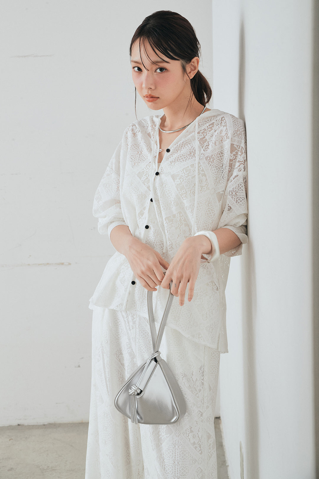 [SET]ブロックレースフード付きブラウス+リラックスブロックレースワイドパンツ(2set)