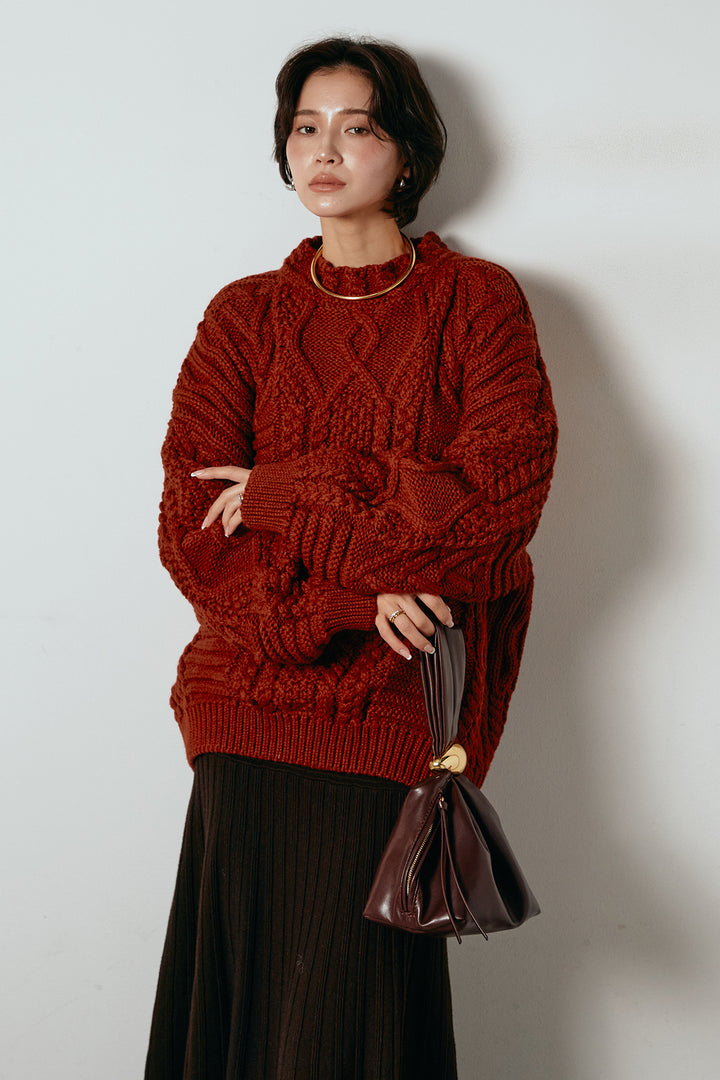 [SET]アラン柄ミックスケーブルニット+編み地切り替えフレアニットスカート(2set)