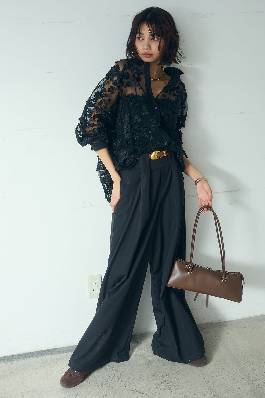 [SET]立体フラワー刺繍レースシャツ+ベルトループデザインハイウエストタックパンツ(2set)