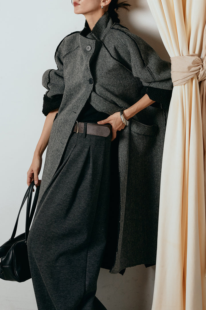 [SET]裏地ボアハイネックロングアウター+フェイクレザー太ベルト付きタックワイドパンツ(2set)