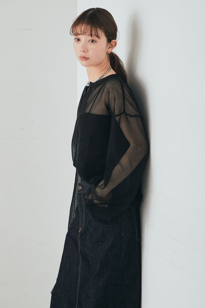 [SET]メッシュカットソースキッパープルオーバー+ウエストクロスデニムタイトスカート(2set)