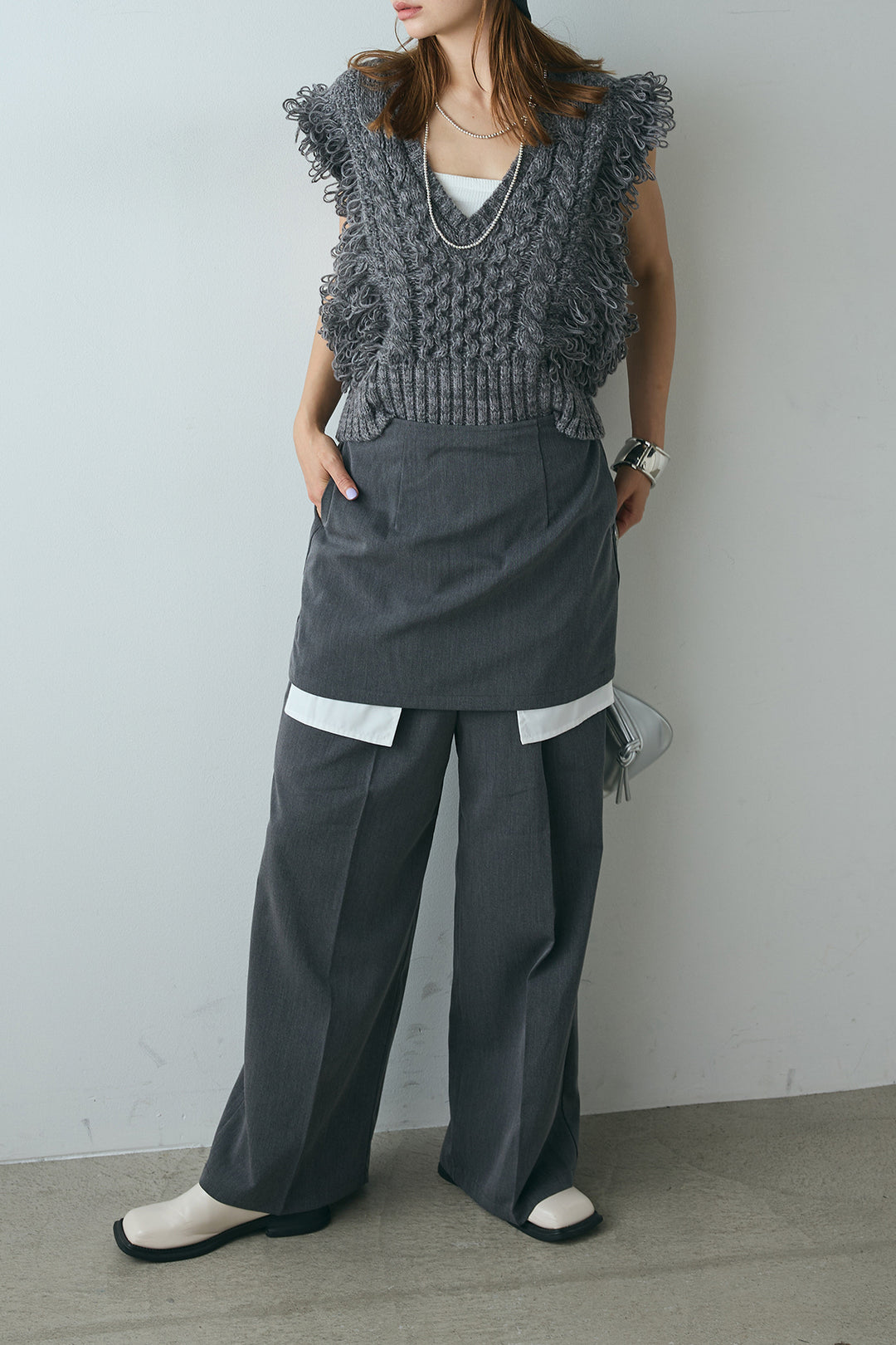 [SET]Vネックループフリンジニットベスト+ストレートパンツ＆ミニスカートセット(2set)