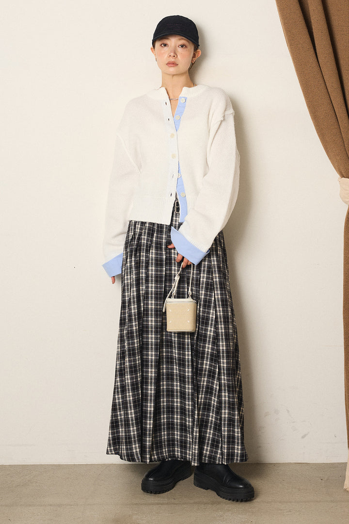 [SET]シャツドッキングニットカーディガン+ベルト付きタータンチェックプリーツスカート(2set)