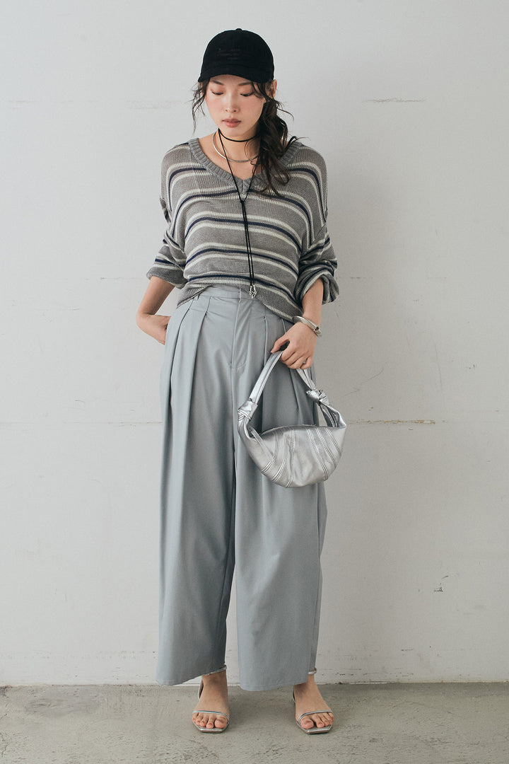 [SET]綿タッチVネックボーダートップス+ウォッシャブルエコレザータックパンツ(2set)