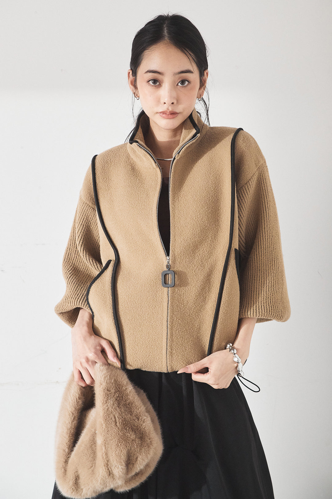 [SET]ハイネックパイピングデザインブルゾン+ランダムタックバルーンスカート(2set)