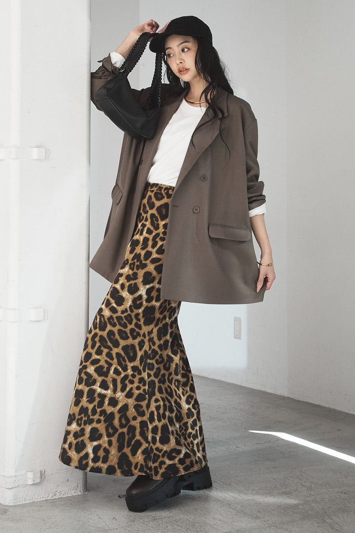 [SET]ルーズシルエットダブルテーラードジャケット+ストレッチロングTシャツ+レオパードサテンナロースカート(3set)