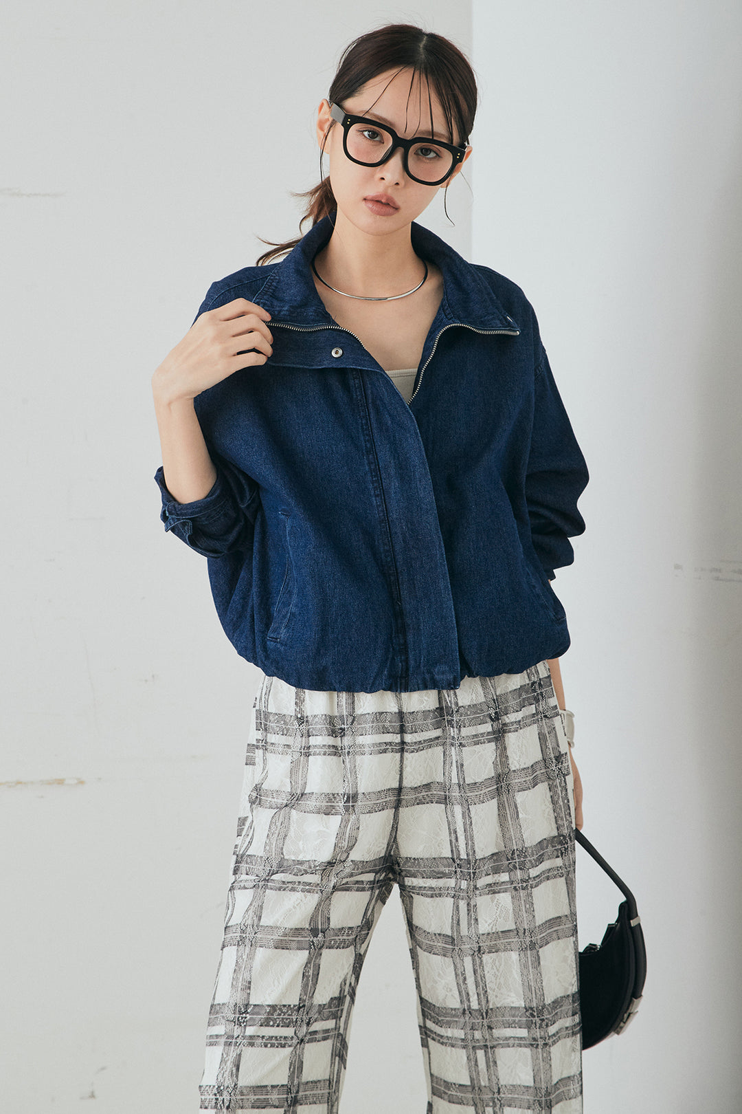 [SET]スタンドカラーデニムブルゾンジャケット+レースチェックワイドイージーパンツ(2set)