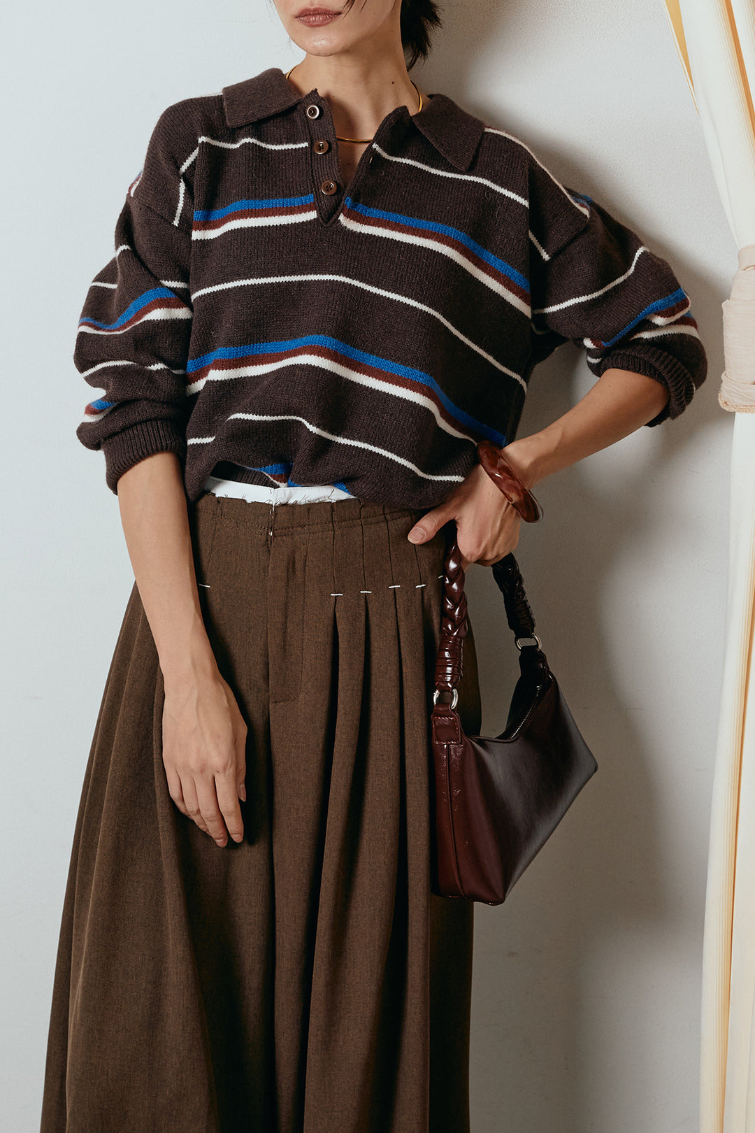 [SET]襟付きマルチボーダーニットポロトップス+ウエストステッチデザインワイドスラックス(2set)