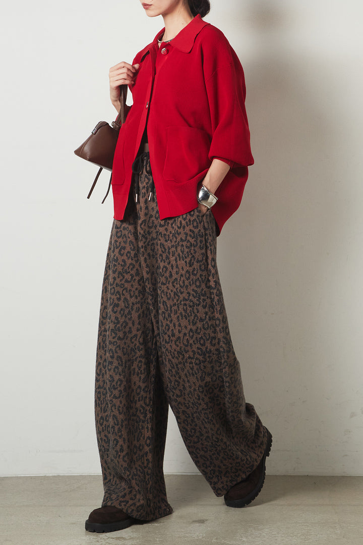 [SET]メタル釦衿付きニットカーディガン+リラックスレオパード柄ワイドパンツ(2set)