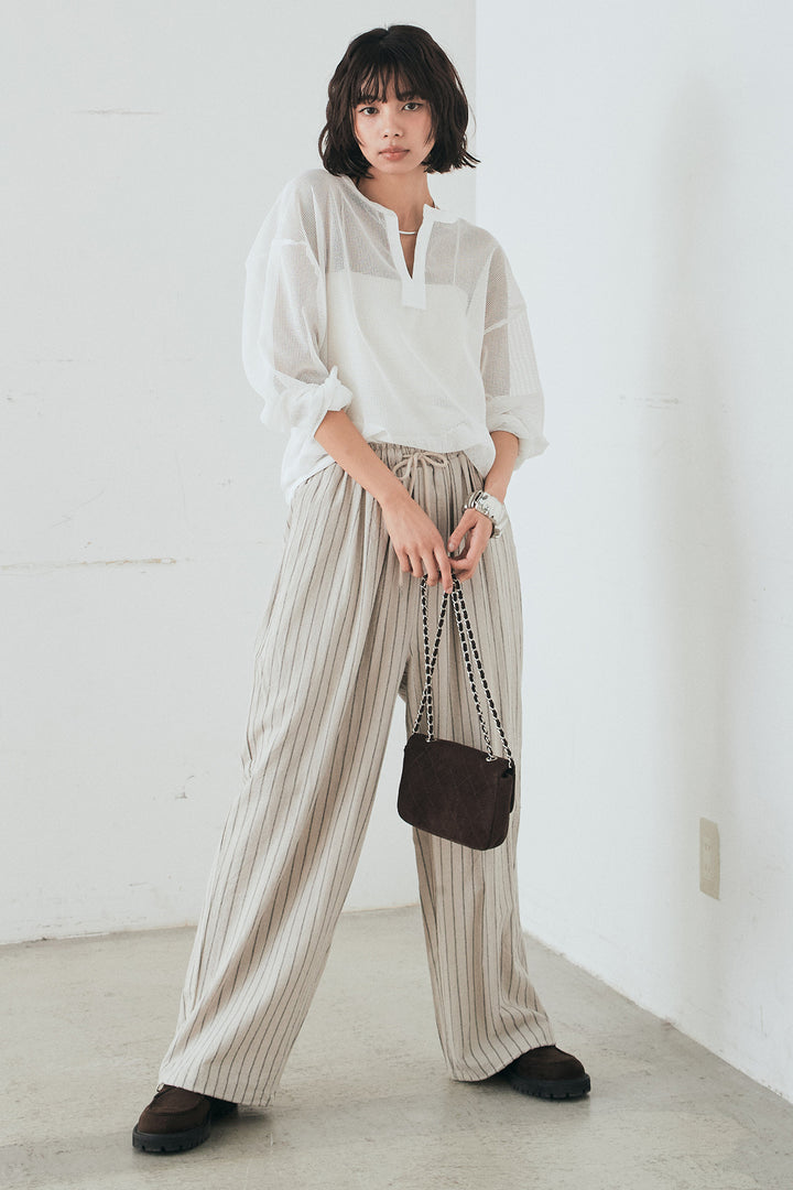 [SET]メッシュカットソースキッパープルオーバー+リネンライクストライプタックイージーパンツ(2set)