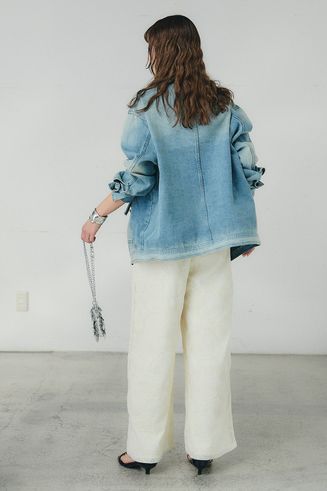 [SET]ノーカラーデニムポケットジャケット+レースサロペット(2set)