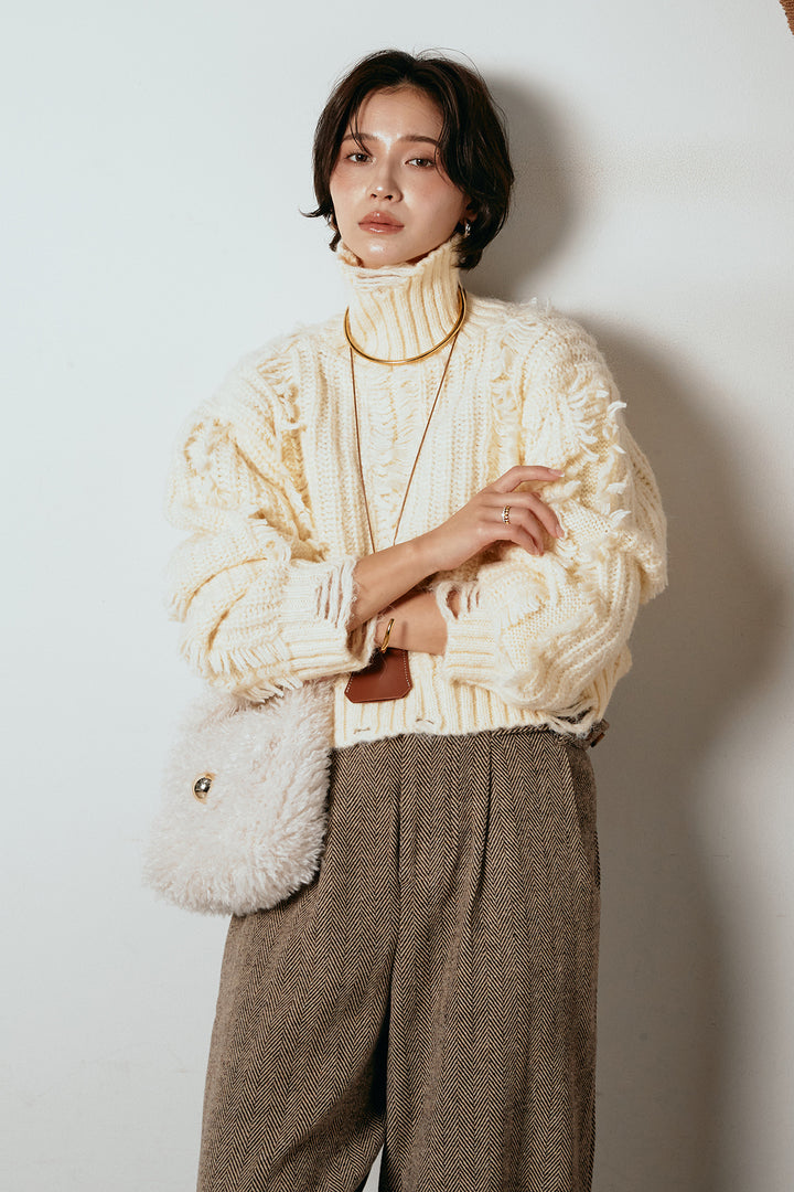 [SET]フリンジタートルショートニット+クラシックヘリンボーンサロペット(2set)