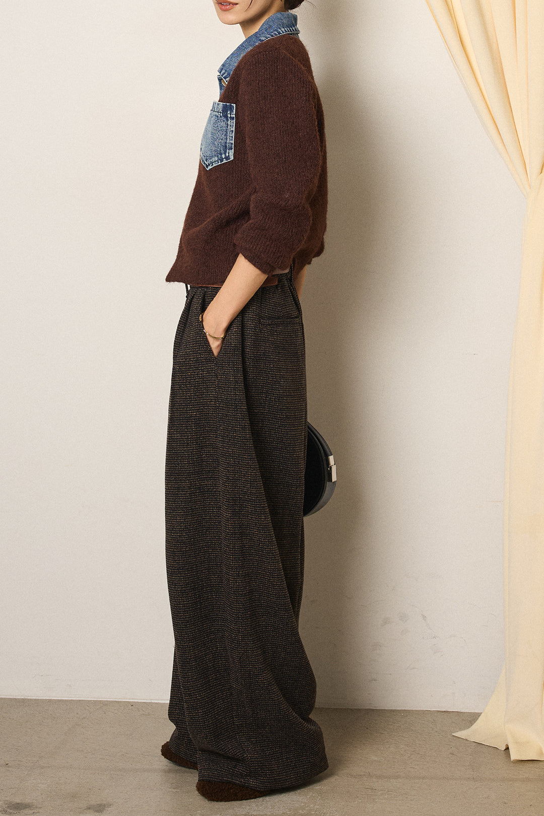 [SET]襟付きデニム切替ニットカーディガン+起毛タック入りツイードワイドパンツ(2set)