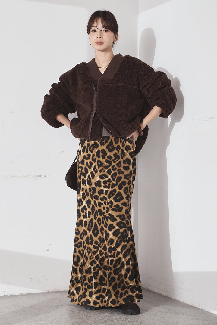 [SET]ノーカラーリブボアアウター+レオパードサテンナロースカート(2set)