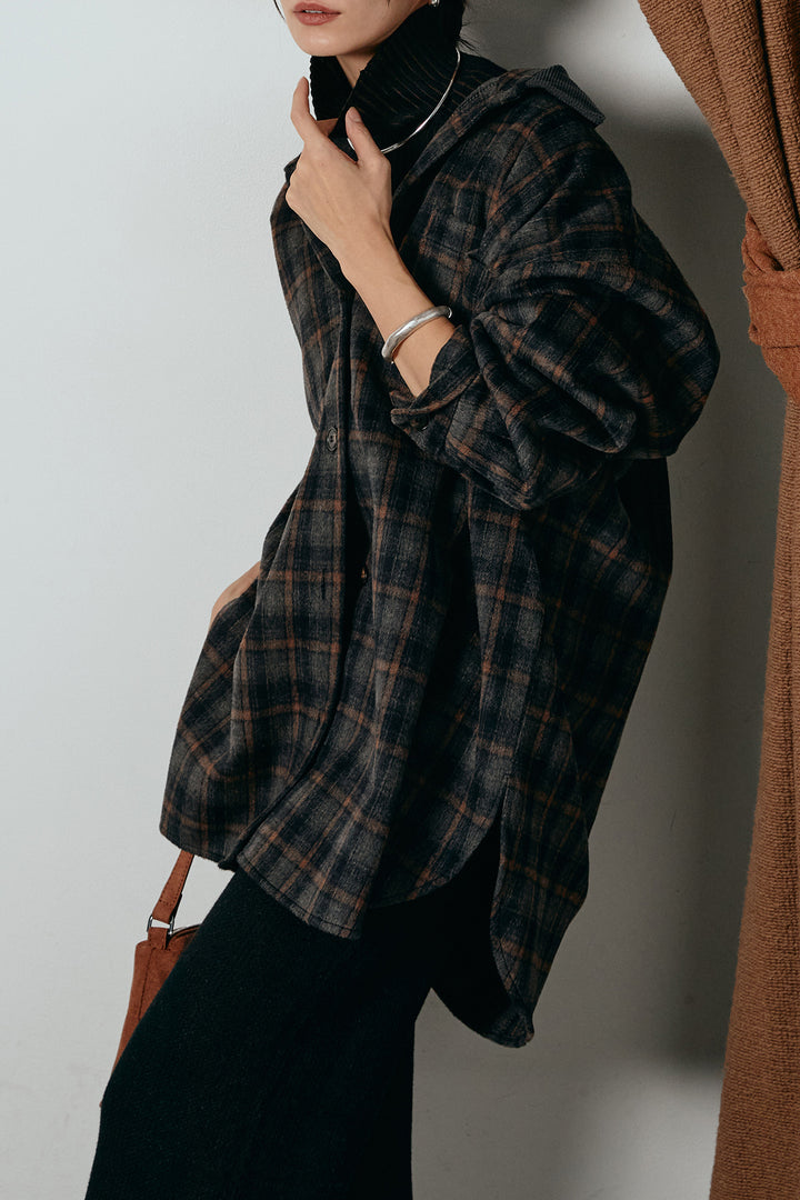 [SET]シャギーチェックシャツジャケット+ワイドリブニットイージーパンツ+リブニットシームレスタートルプルオーバー(3set)