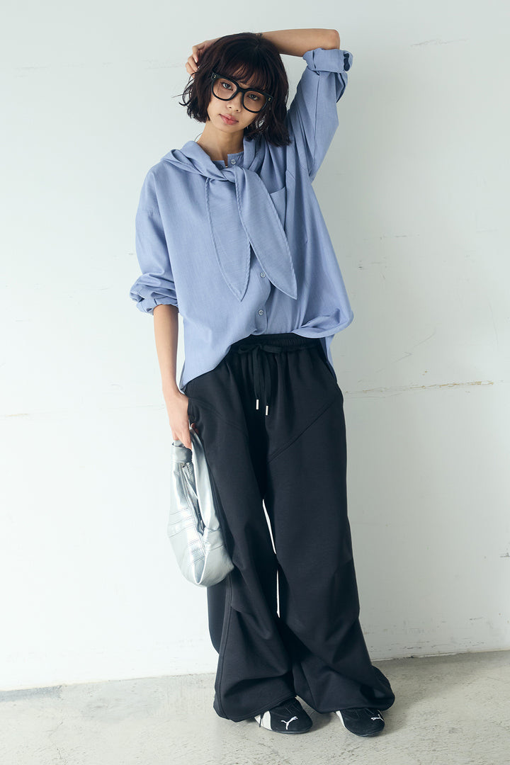 [SET]無地タイ付フーディーBIGシャツ+ランダムタックデザインワイドパンツ(2set)