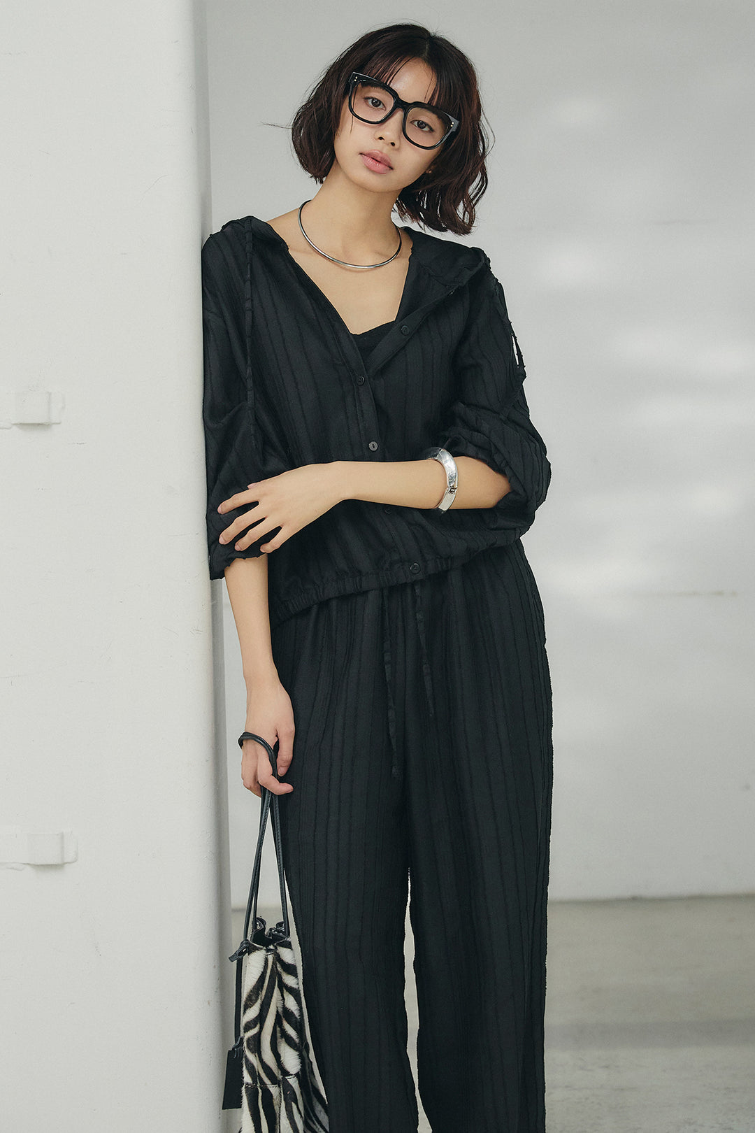 [SET]ストライプジャガードフードシャツ+ストライプジャガードロングイージーパンツ(2set)