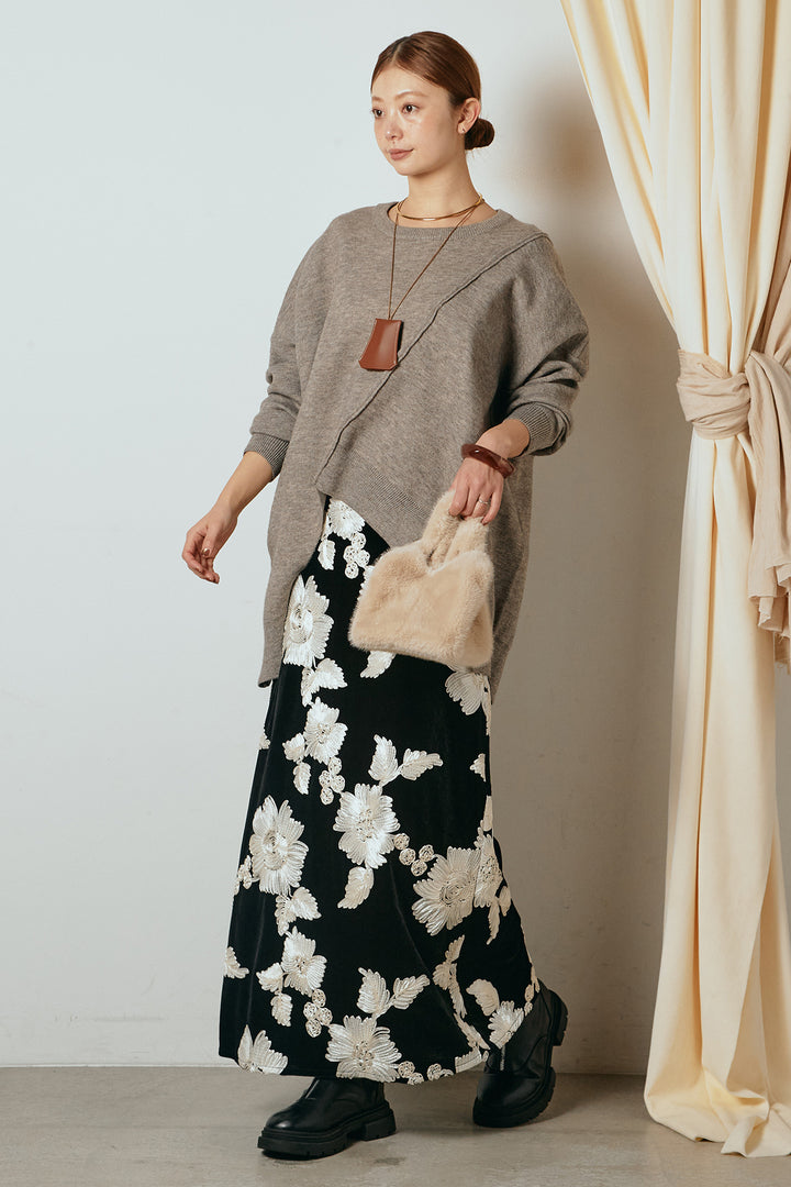 [SET]アシンメトリーデザインニットトップス+フラワー刺繍ワイドスカート(2set)