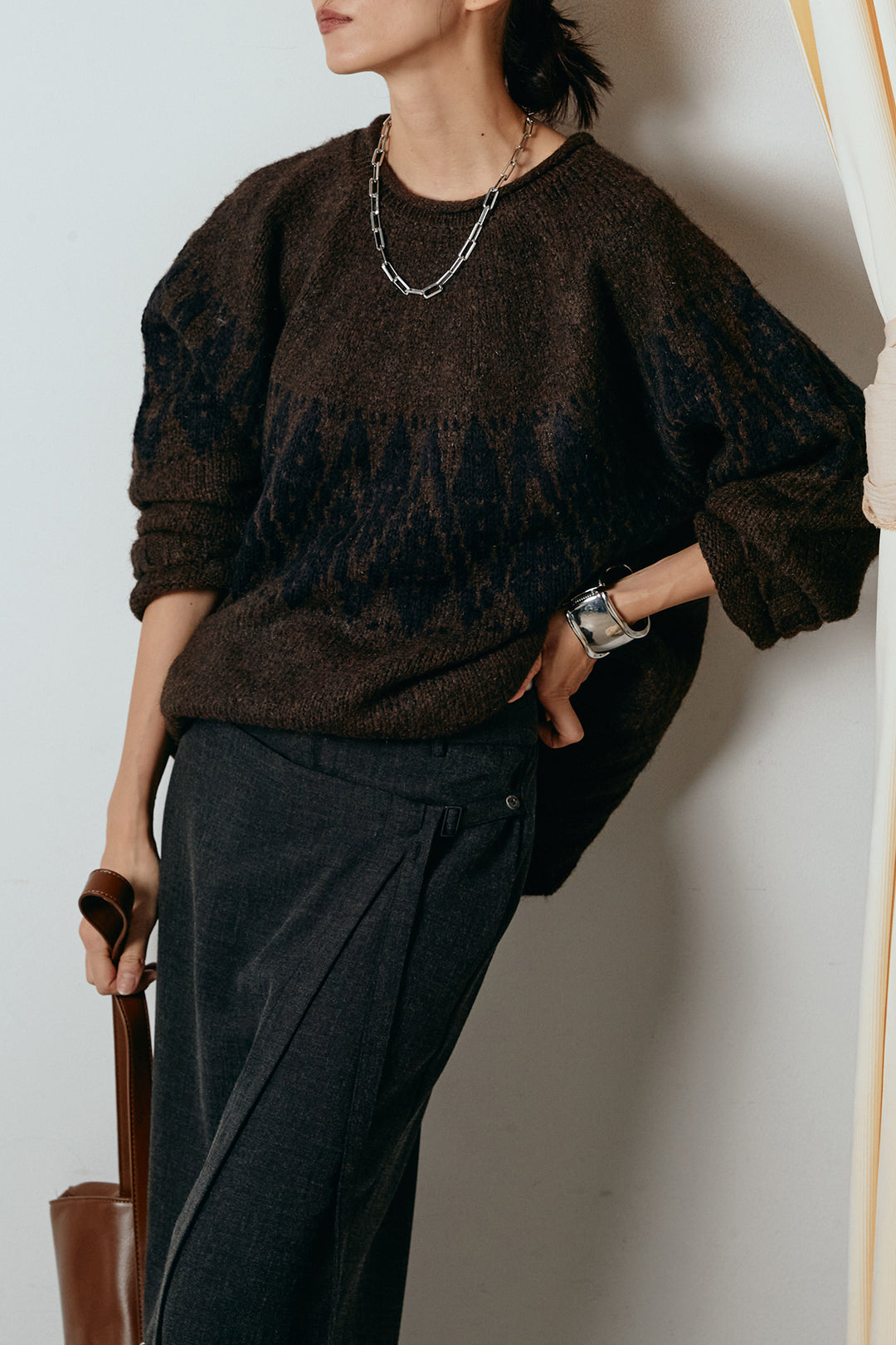 [SET]モノトーン柄ニットトップス+ラップ巻きワイドスラックス(2set)