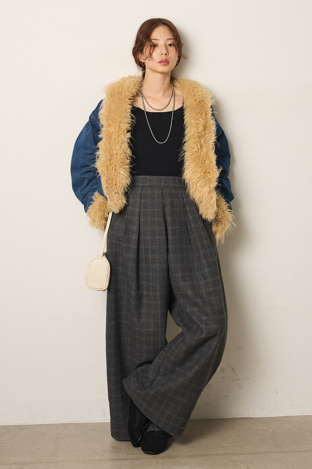 [SET]エコファーデニムボアジャケット+ウールライクチェックタックパンツ(2set)