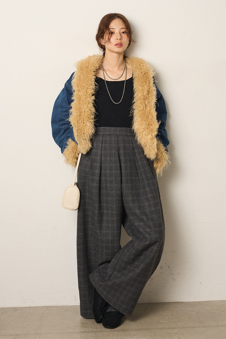 [SET]エコファーデニムボアジャケット+ウールライクチェックタックパンツ(2set)