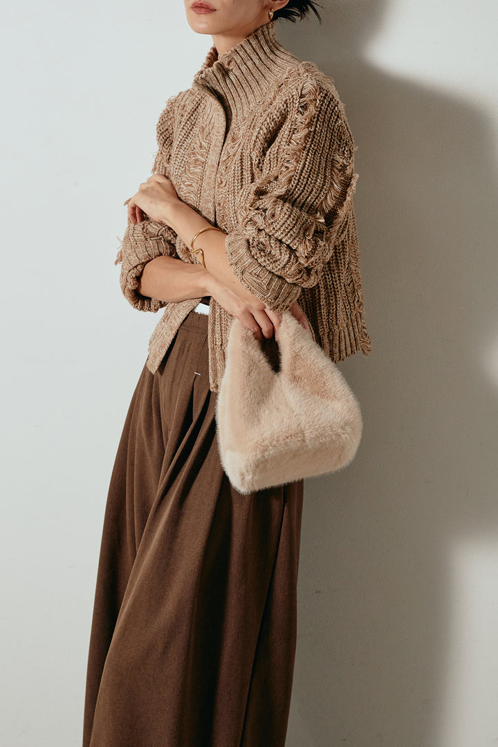 [SET]ハイネックフリンジジップニットトップス+ウエストステッチデザインワイドスラックス(2set)