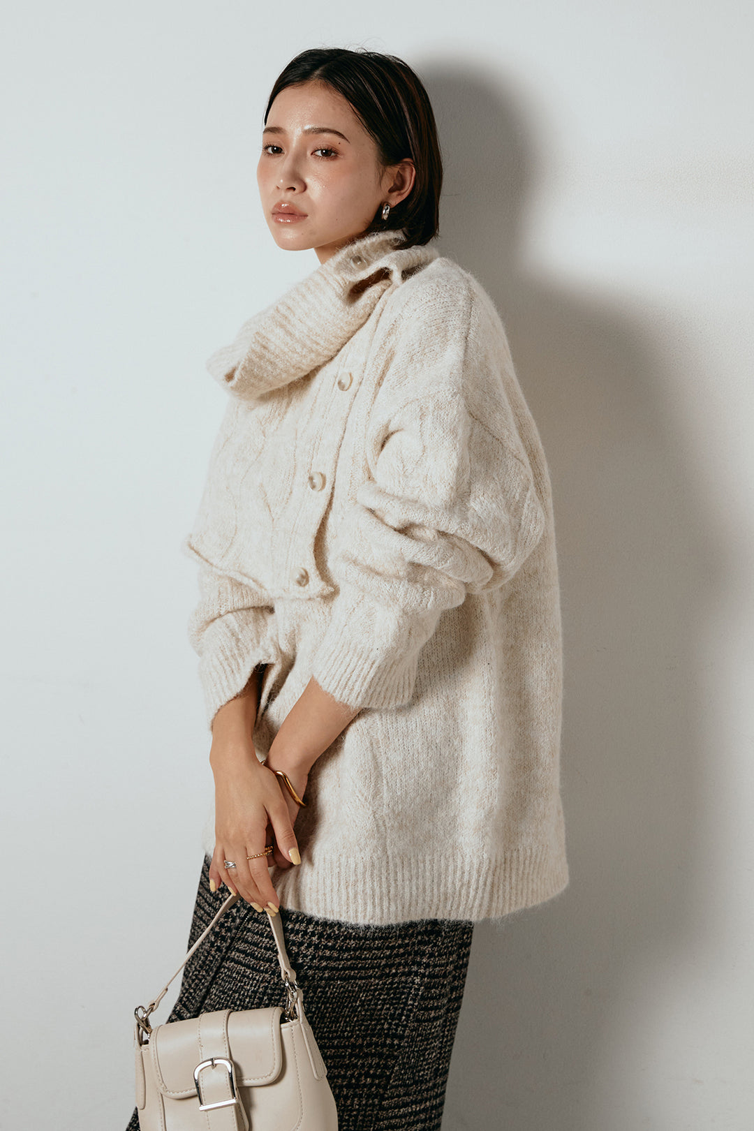 [SET]ケープデザインケーブルニットトップス+グレンチェック柄フロントジップタイトスカート(2set)