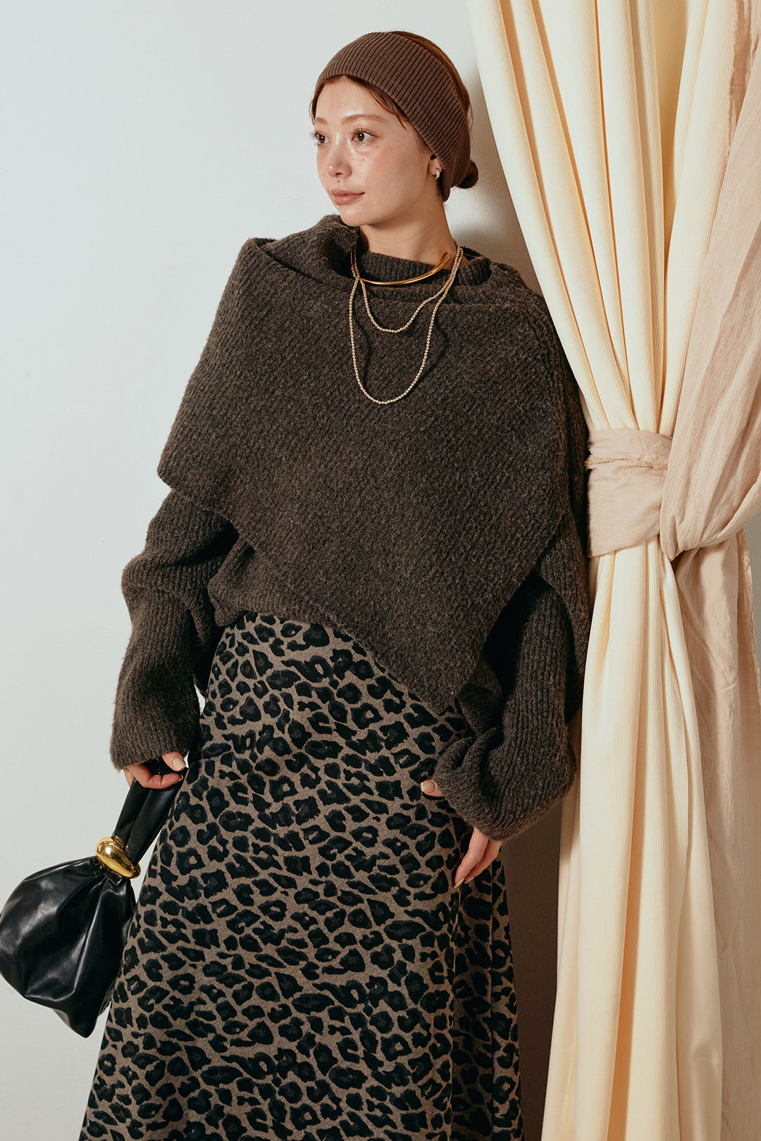 [SET]ケープデザインリブニットトップス+レオパードロングスカート(2set)