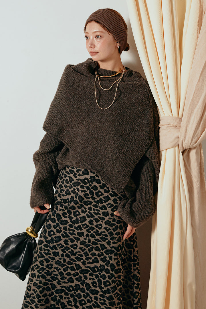 [SET]ケープデザインリブニットトップス+レオパードロングスカート(2set)