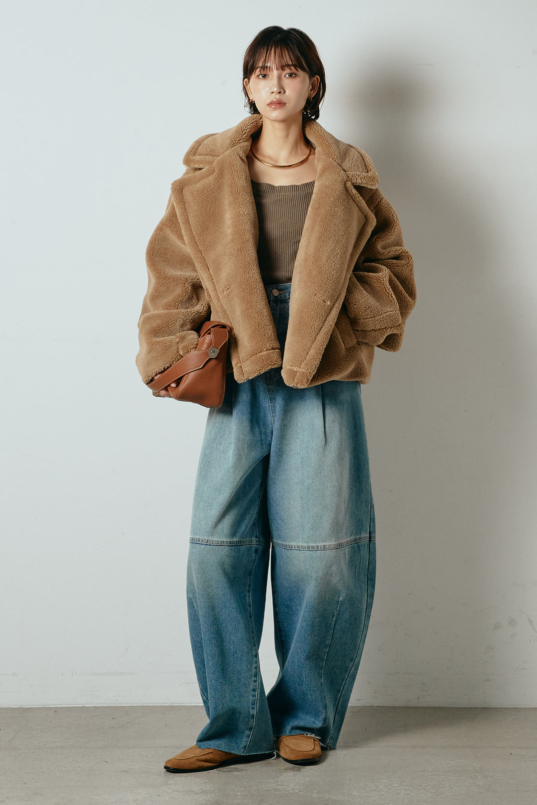 【2月中旬発送】
[SET]テディボアショートジャケット+加工デニムタックコクーンワイドパンツ(2set)