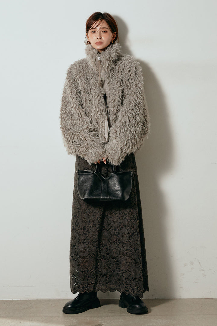 [SET]ミックスシープファースタンドブルゾン+花柄刺繍ベロアフレアスカート(2set)