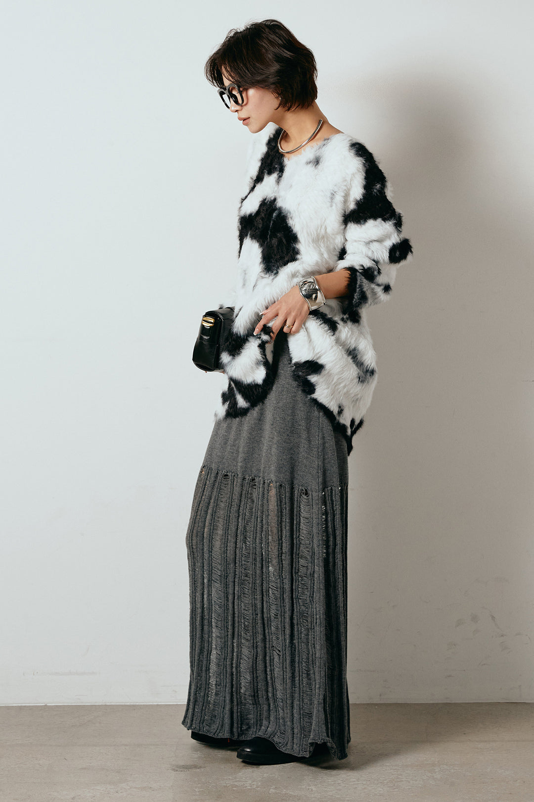 [SET]タイダイ柄シャギーニットトップス+裾シアーリブスカート(2set)