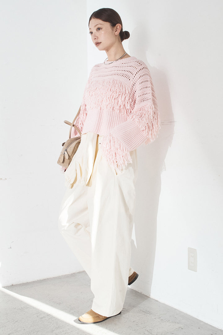 [SET]メッシュフリンジ切り替えプルオーバー+合繊ツイルスタンドウエスト巻きジョガーパンツ(2set)