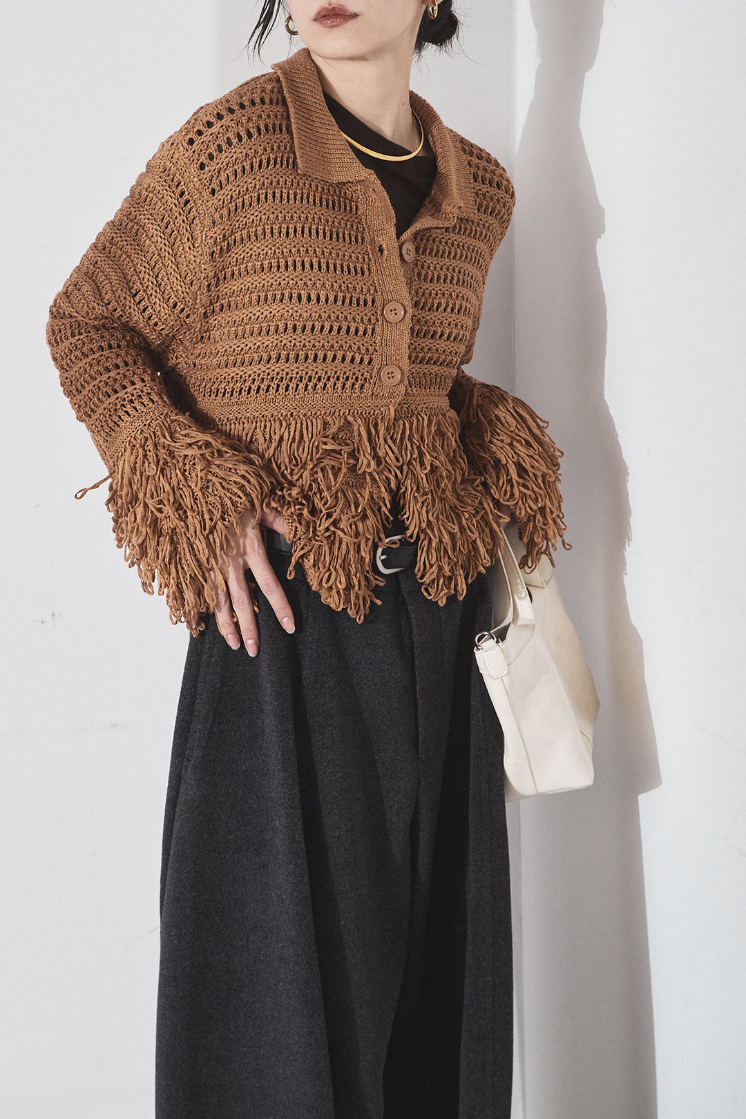 [SET]メッシュフリンジカーディガン+ウールタッチカーブワイドパンツ(2set)