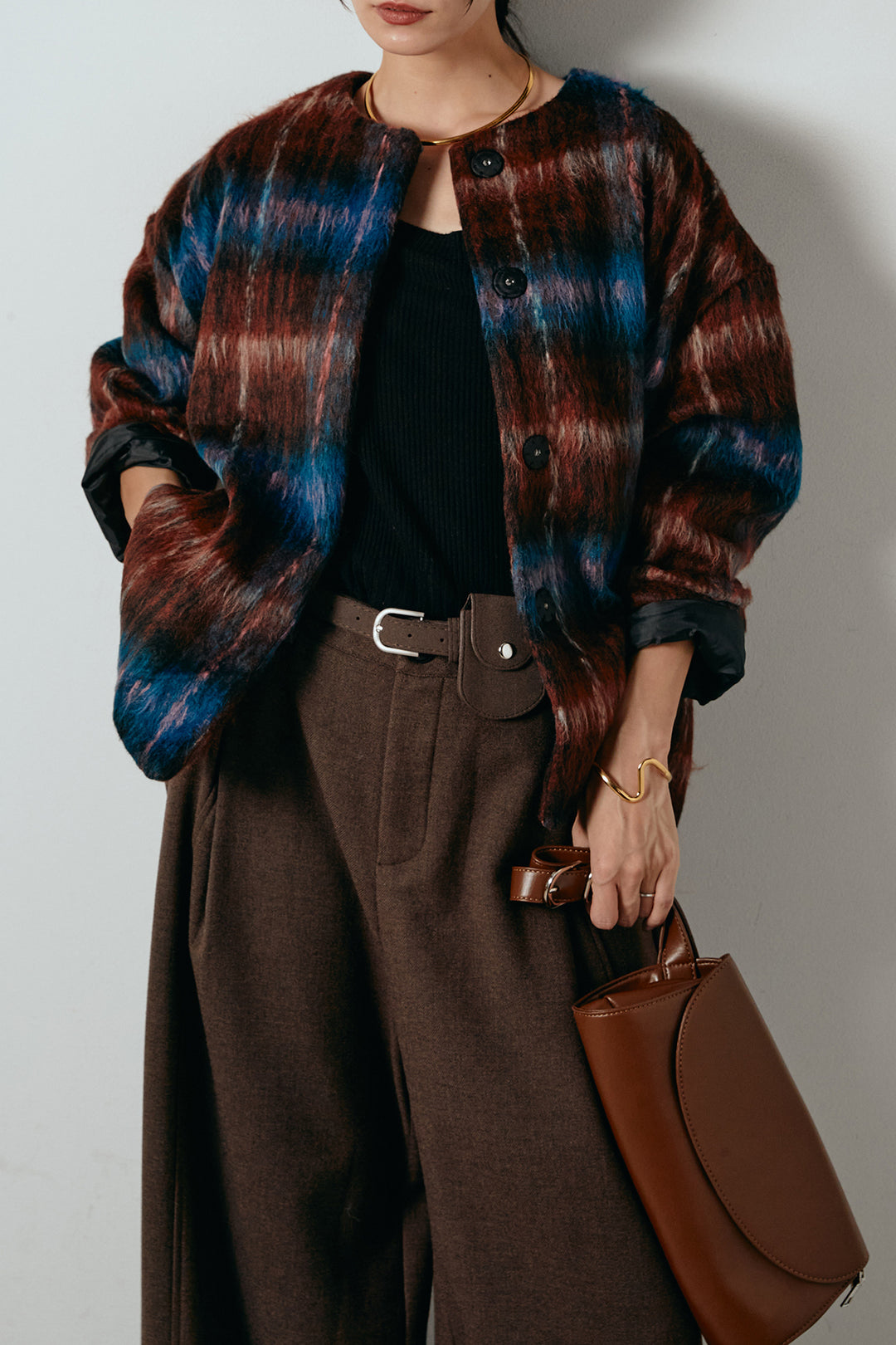 [SET]ノーカラーシャギーチェックアウター+ポーチベルト付きカーブパンツ(2set)