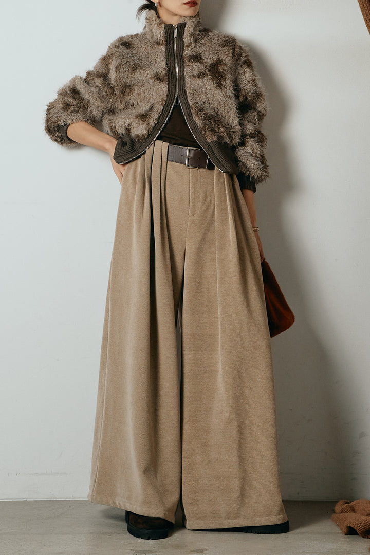 [SET]エコファースタンドカラーニュアンス柄ブルゾン+ベルトループコーデュロイワイドパンツ(2set)