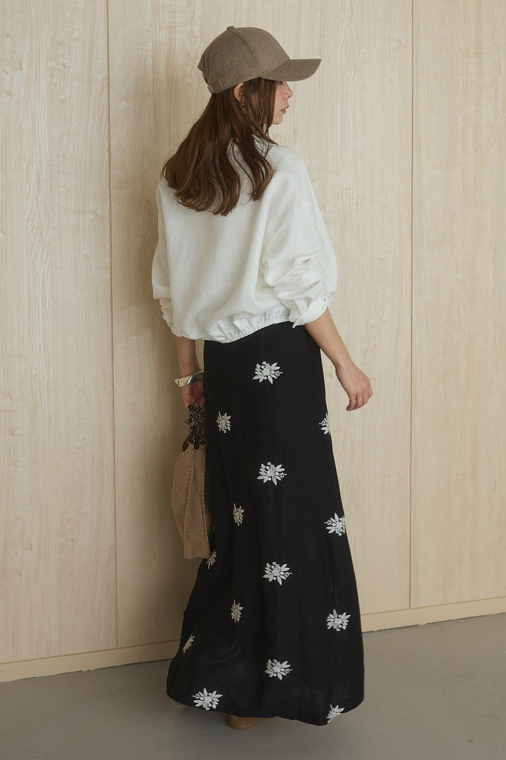 [SET]麻混襟付きトップス+レースコンビフラワー刺繍柄スカート(2set)