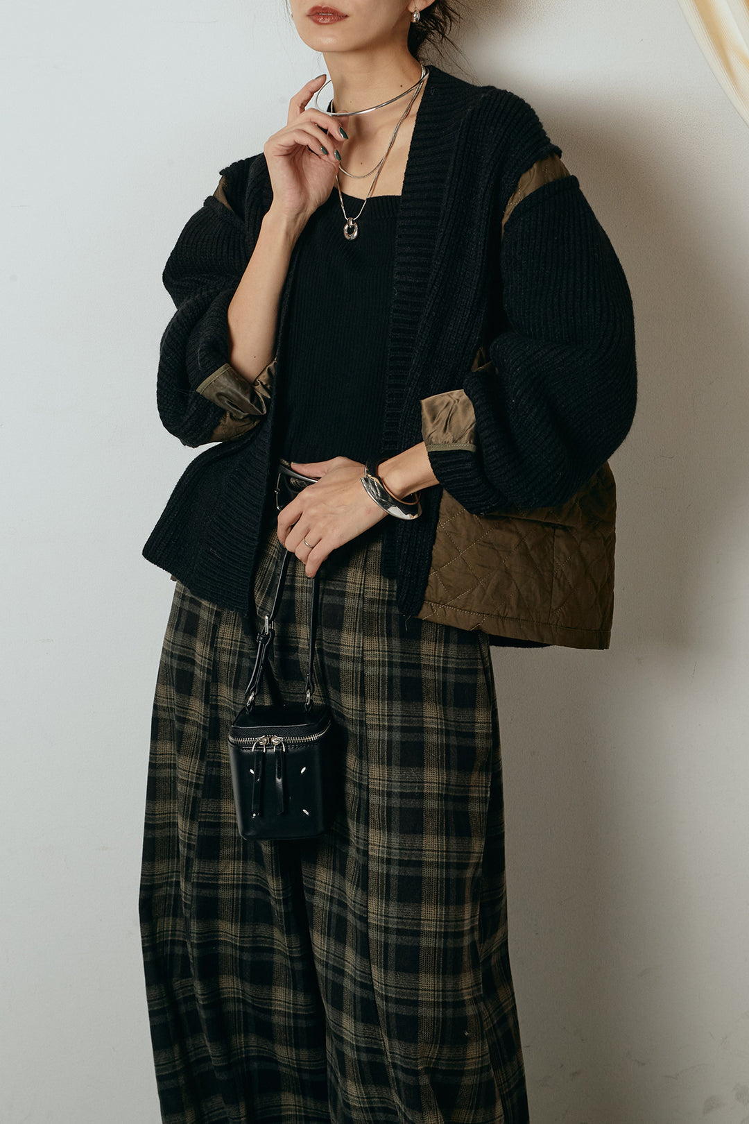[SET]キルティング切り替えニットカーディガン+ベルト付きタータンチェックカーブワイドパンツ(2set)